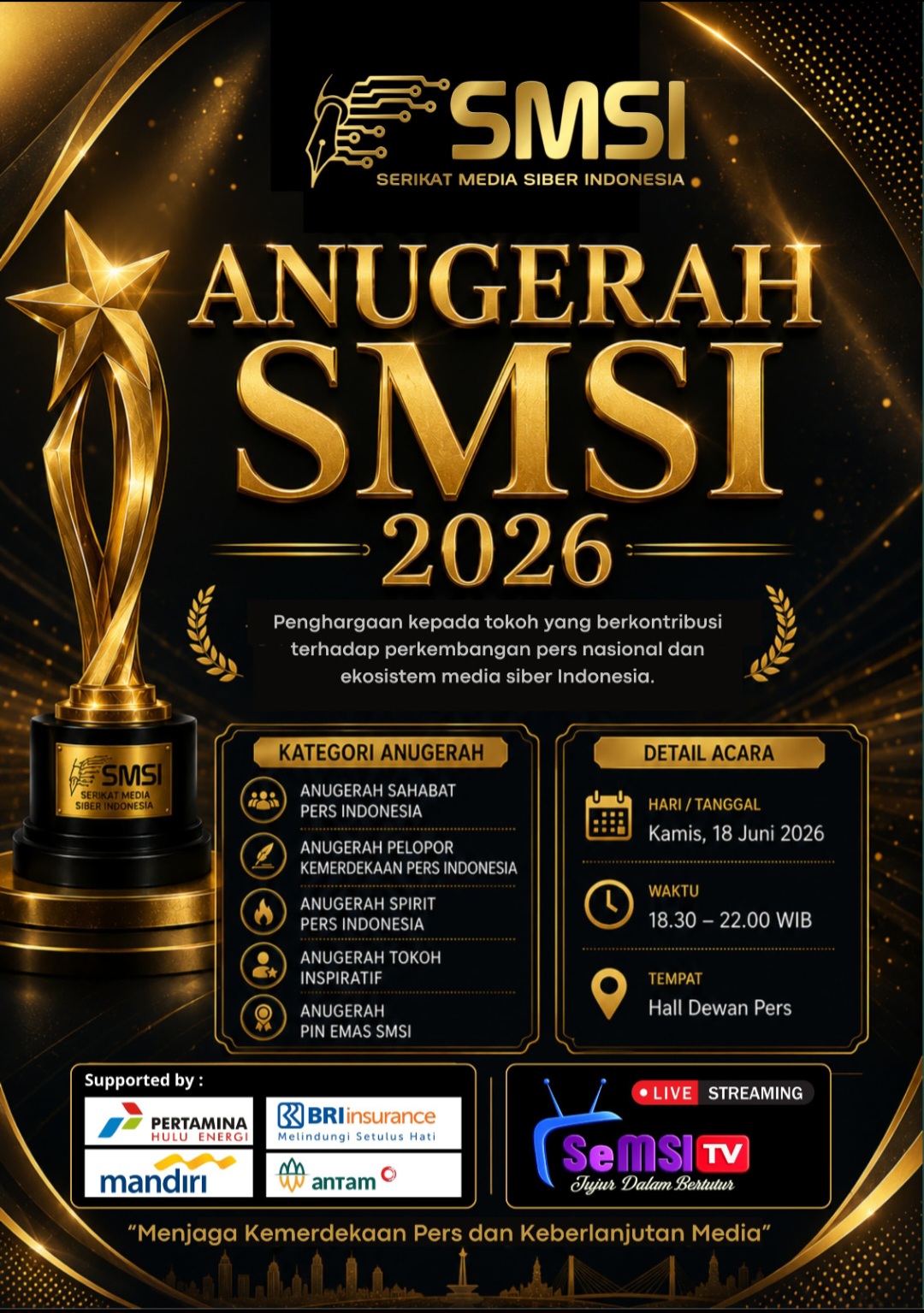 SMSI Akan Memberikan Anugrah Kepada Tokoh yang Telah Berjasa Kepada Pers Indonesia