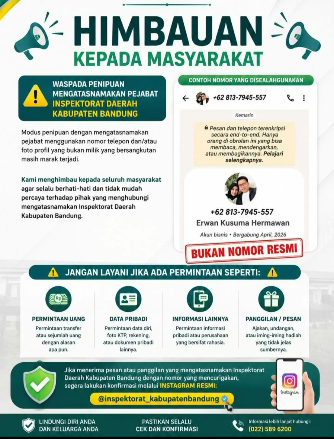 Himbauan : Waspada Penipuan Mengatasnamakan Pejabat Inspektorat Kabupaten Bandung