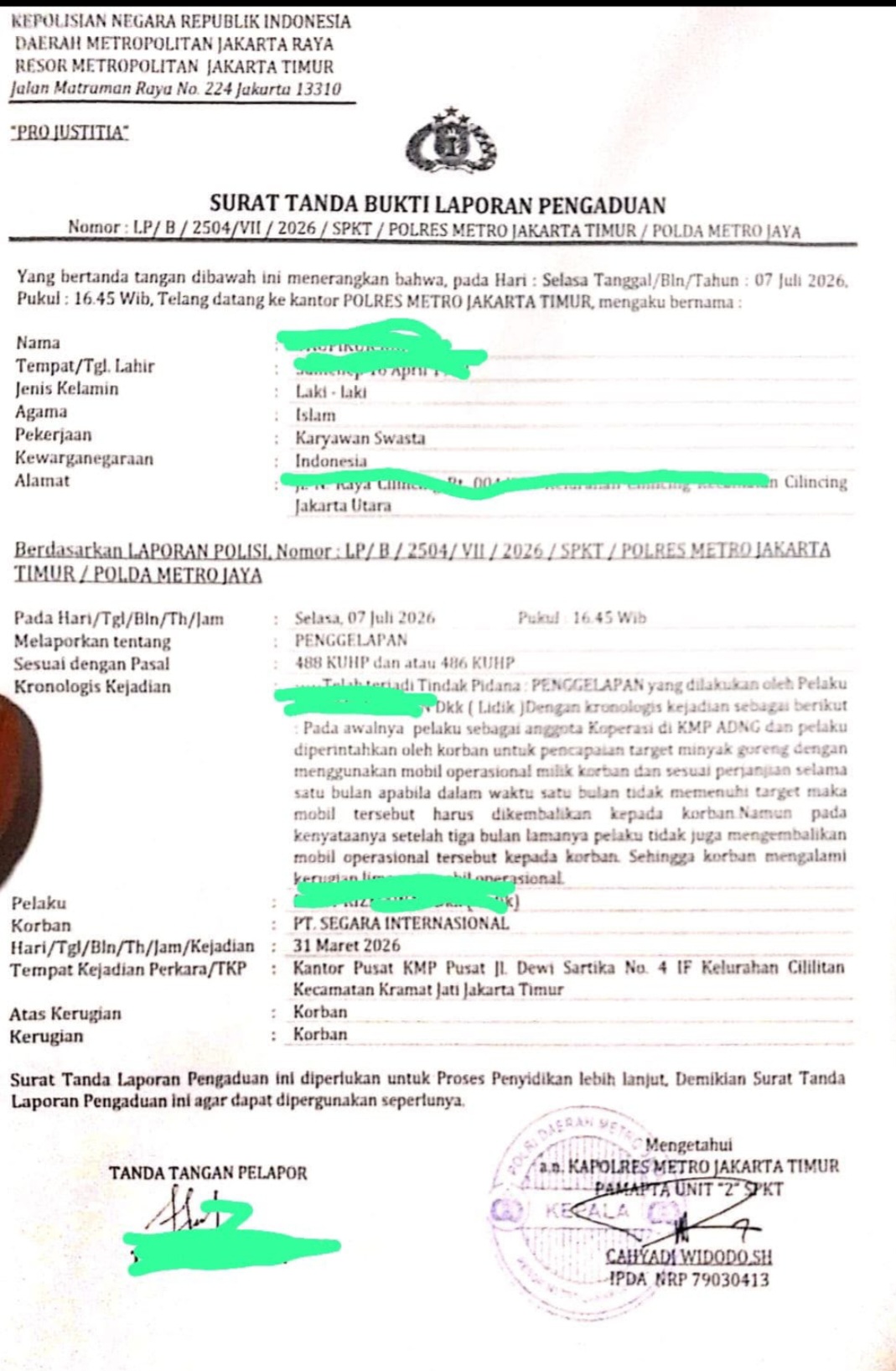 KMP ADNG Laporkan Dugaan Penggelapan 4 Kendaraan Operasional ke Polres Jakarta Timur