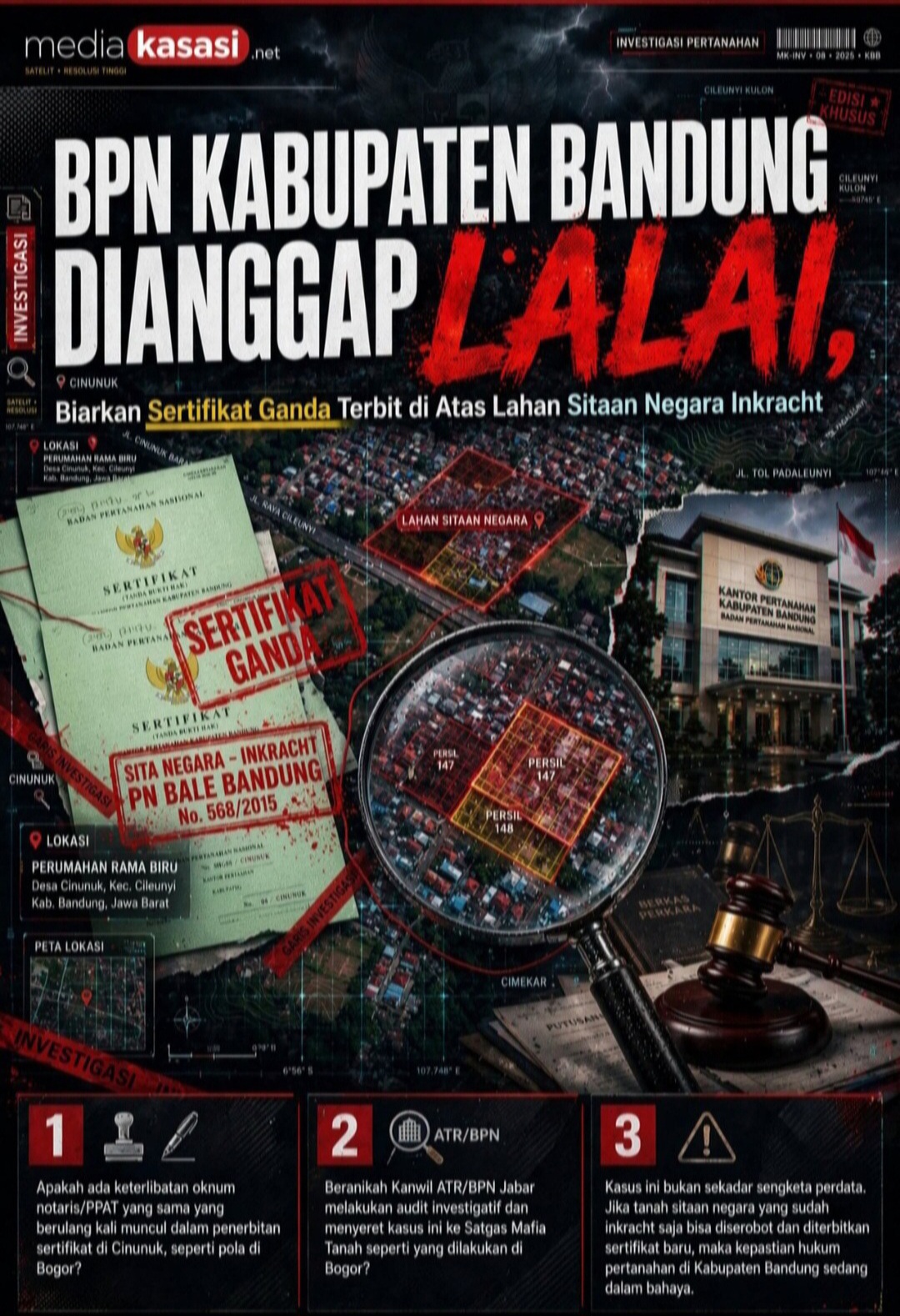 BPN Kabupaten Bandung Dianggap 'LALAI', Biarkan Sertifikat Ganda Terbit di Atas Lahan Sitaan Negara Inkracht